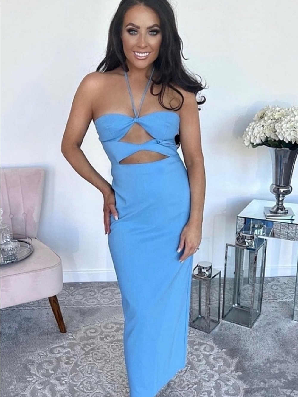 Zara Sky Blue Strapless Cutout Maxi Dress